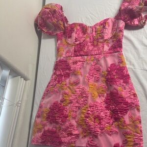 Lulu's Pink and Yellow mini off the shoulders dress